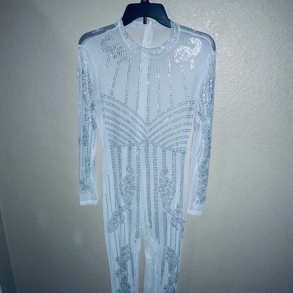 Sheer white crystal body suit